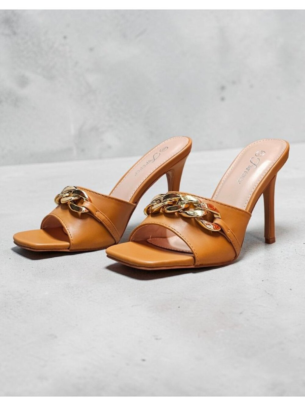 Tan Open-Toe Stiletto Heels With Gold Chain Detail - Picture 8 of 16